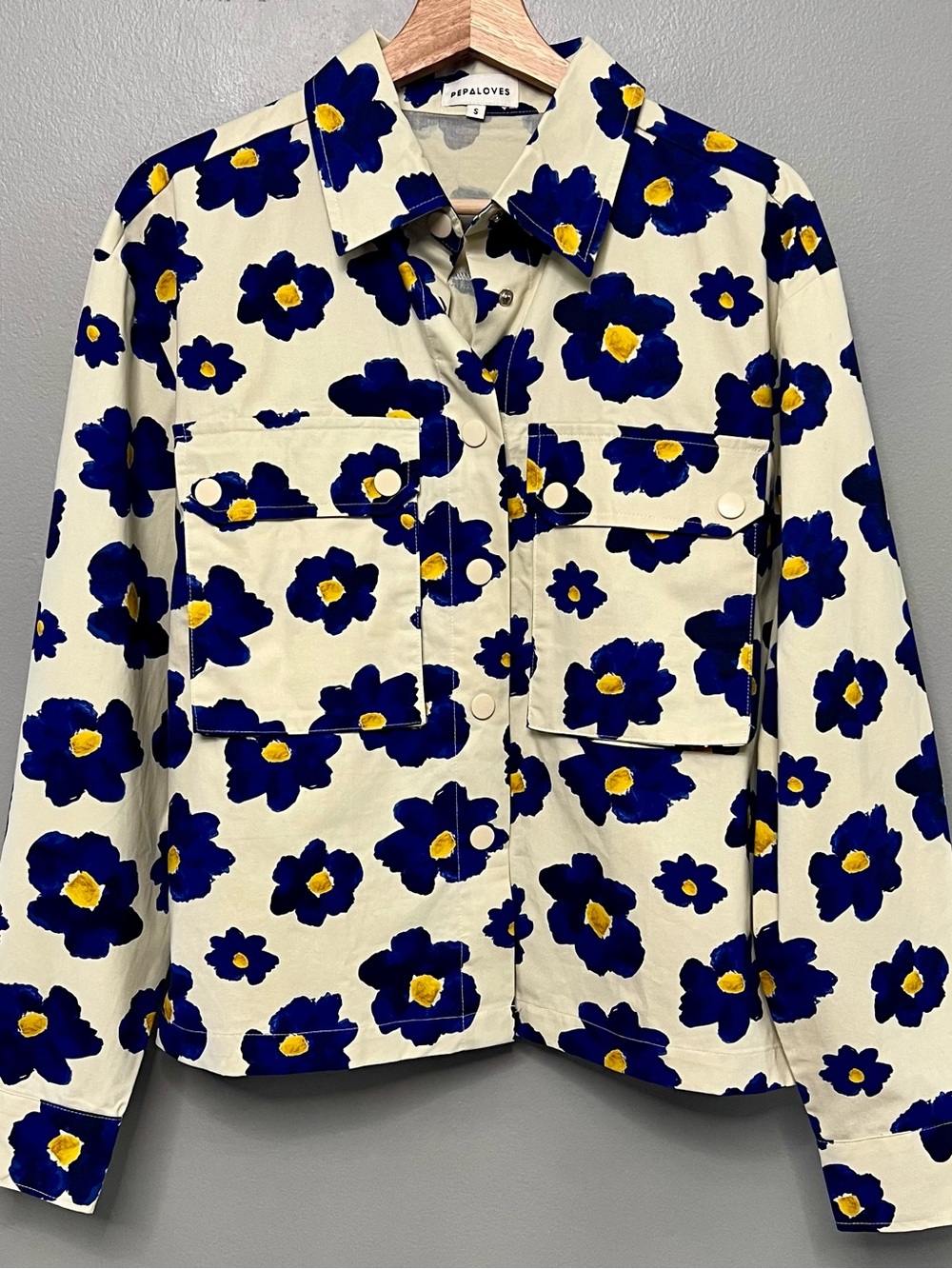 Pepaloves Anthropologie Floral Utility Jacket Cream Blue Yellow Small Whimsical